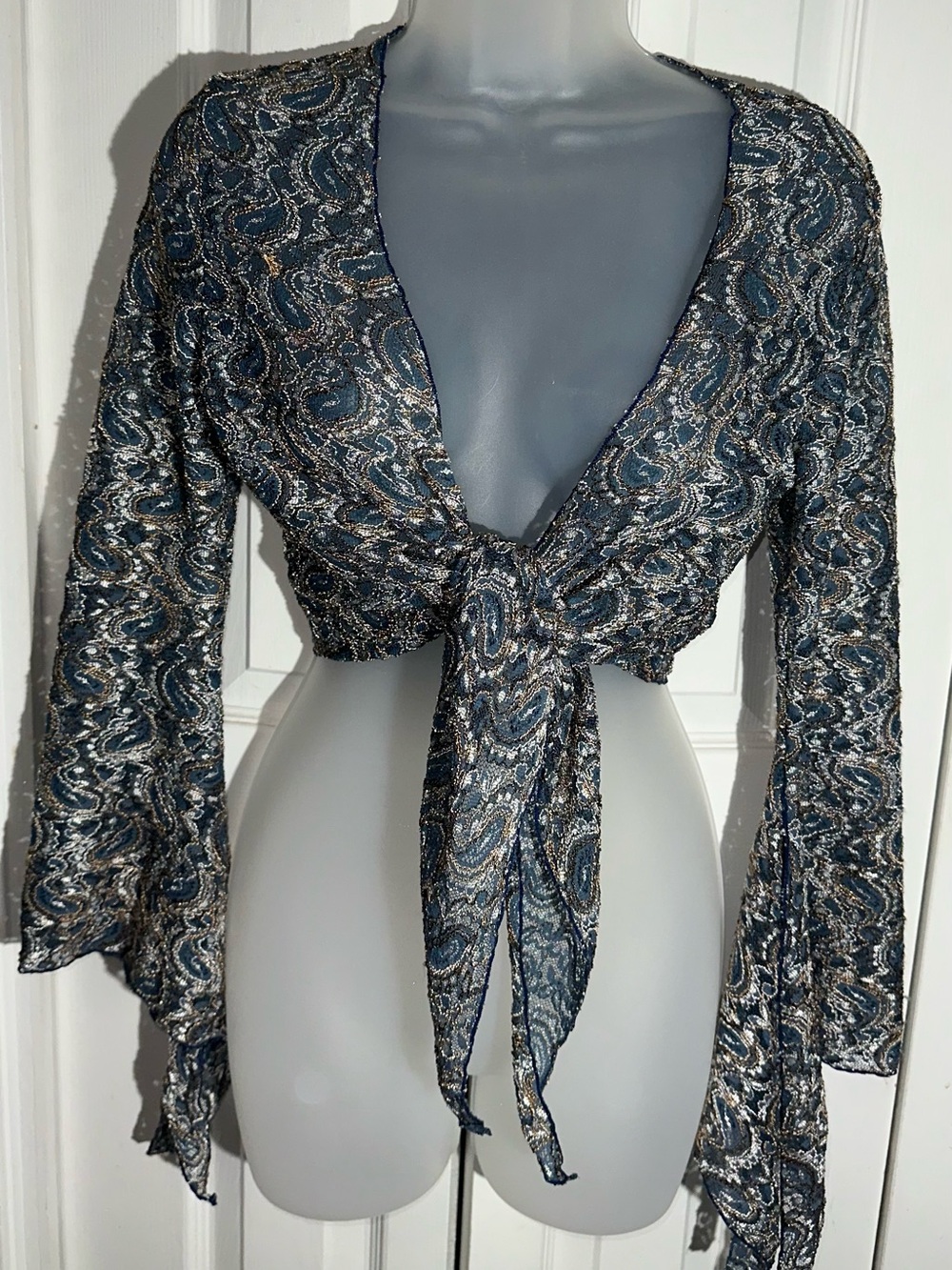 Y2K Fairly Blue Open Long Flare Sleeve Crochet Cardigan Top L  Festival tie AA22